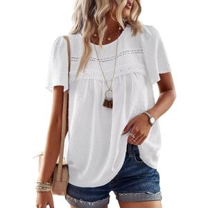 Falechay Womens Summer Tops Crewneck Short Sleeve Shirts Casual Chiffon Blouses Flowy Lace Hem Boho Clothing Trendy 2026 (White, S)