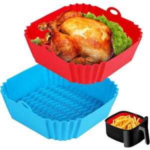 Boribim 2 PCS Square Silicone Air Fryer Liners - 8 Inch Reusable Air Fryer Pot - Air Fryer Accessories - Air Fryer Inserts for 4 to 7 QT Oven Microwave Accessories (Red + Blue)