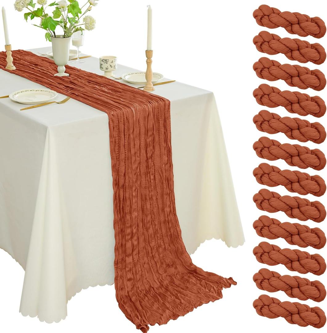 12PCS Cheesecloth Table Runner Gauze Boho Rustic 35x120 Inch Long Table Runner for Wedding Baby Shower Bridal Shower Decoration (Terracotta)