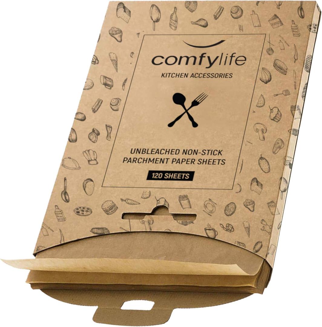 Comfylife 120 x Parchment Paper Sheets - No Curl, No Tear, No Burn Baking Paper (16 x 12 inch)  No Chemical Unbleached  Cookie Paper Precut Baking Sheets For Baking