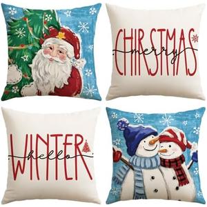 OTOSTAR Set of 4 Sky Blue Christmas Throw Pillow Covers 20x20 Inch Winter Xmas Decorative Pillow Case Cover for Sofa Living Room Holiday Decor (Sky Blue- Santa Claus and Couple Snowman)
