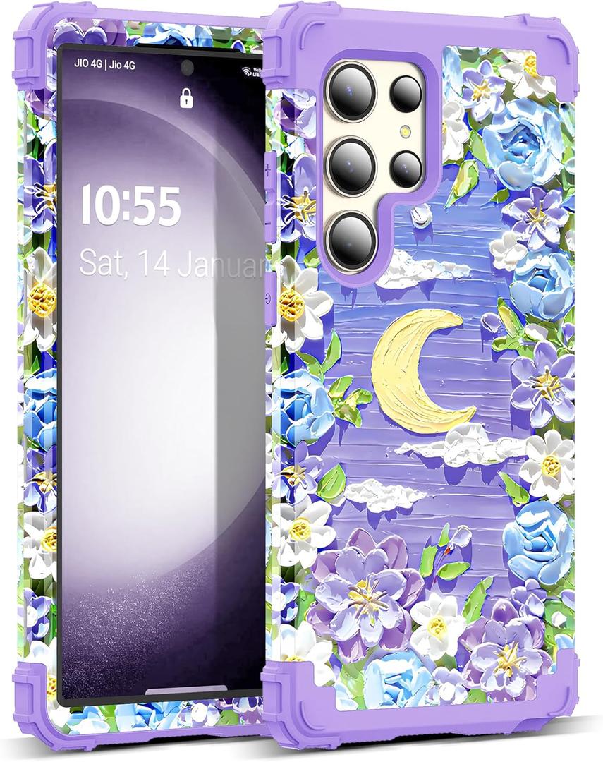 for Galaxy S23 Ultra Case,3 in 1 Oil Painting Flower Pattern Heavy Duty Shockproof Protection Silicone Rubber Bumper+Hard Plastic Protective Cover for Samsung S23 Ultra 6.8",Purple/Yellow