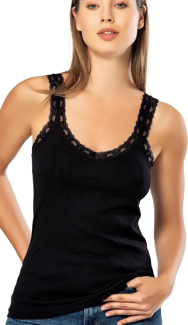 VAVONNE Camisole for Women, All Cotton, Airy Soft Comfy Tank Tops Cami Undershirt (Black/Lace Strap)