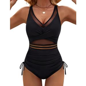 Blooming Jelly Womens Tummy Control One Piece Swimsuits Mesh Modest Slimming Bathing Suit Twist Push Up Swim Suits 2025 (Medium, Black)