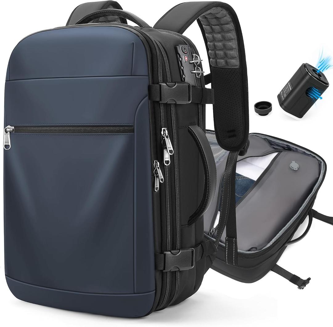 Vacuum Backpack Travel Expandable Compression Carry On Backpack with Vacuum Pump, Water-Resistant TSA Lock Travel Bag, 17" Laptop Backpack for Men Women, Business Airplane Flight Luggage, Navy Blue