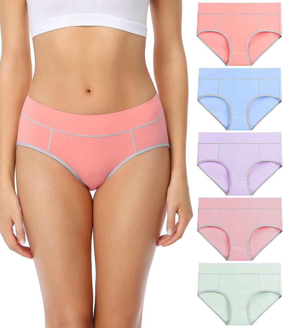 wirarpa Women's Cotton Underwear Mid-high Waisted Briefs 5 Pack Breathable Ladies Plus Size Panties Multicolored, Size 6
