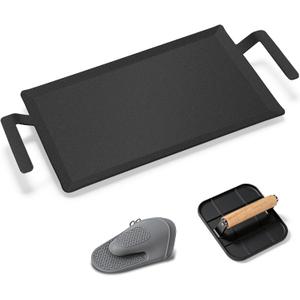 Premium Carbon Steel Griddle Comes with Grill Press, Large Non-Toxic Stovetop Flat Top Pan for Gas, Electric Range, Induction, Grill & Campfire, Pre-seasoned Nitride Coating, Oven Safe to 1200F