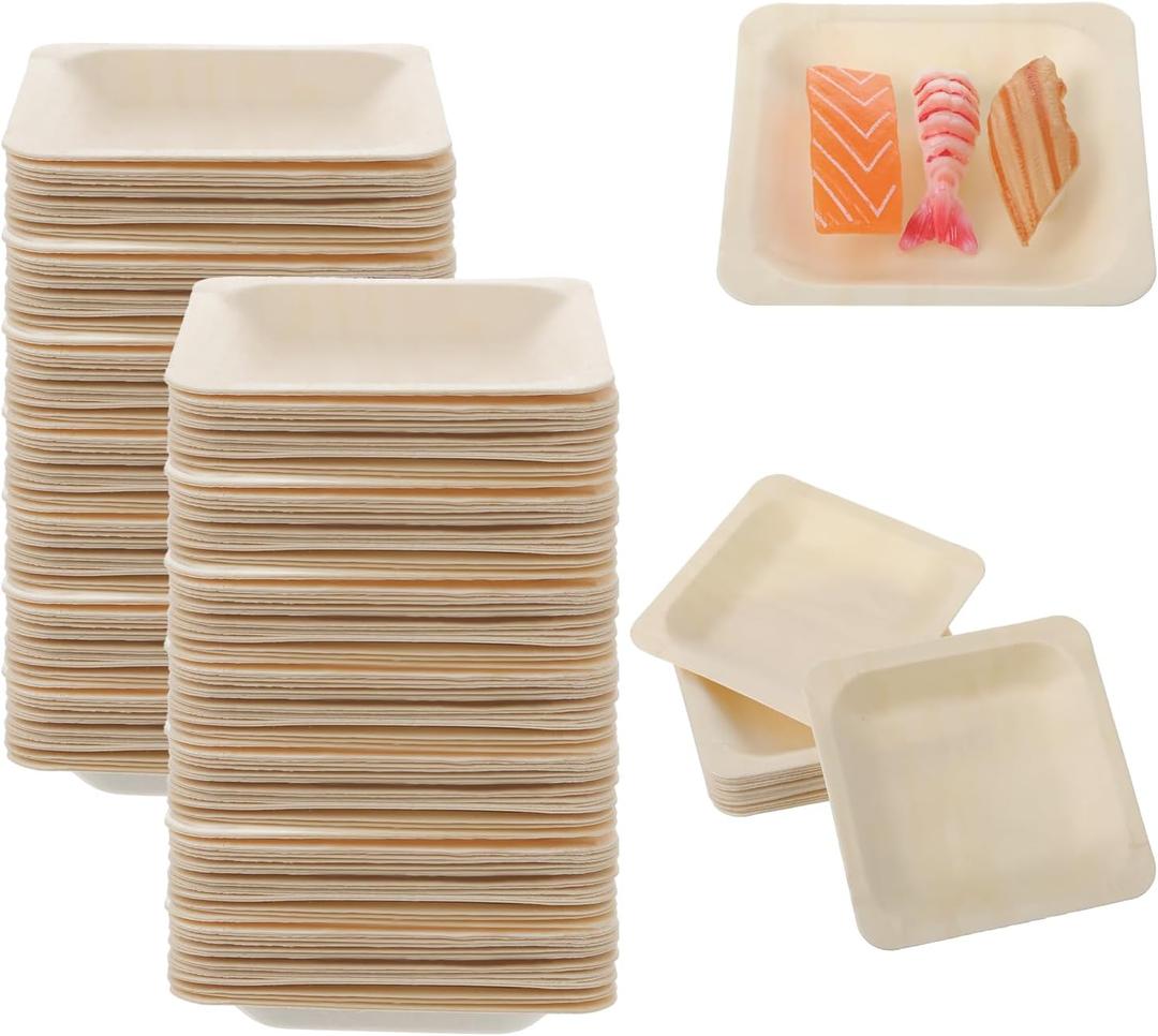 100 Pcs Disposable Square Palm Bowls Palm 4.5 x 4.5 Inch Leaf Bowls Bamboo Disposable Plates Square Wood Plates for Birthday Party, Wedding Events, Appetizer, Dessert, Catering and Home Use