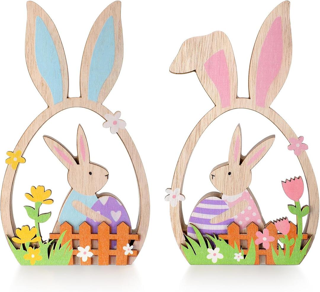 Yousoontic 2 Pcs Easter Decorations for the Home Easter Wooden Table Decorations Farmhouse Rustic Wood Bunny with Egg Easter Tiered Tray for Spring Indoor Home Party Tabletop Decoration Gifts