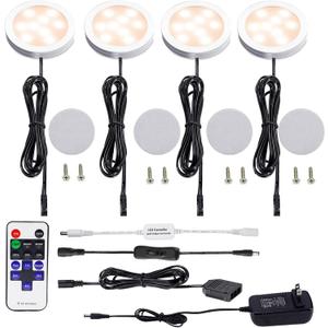 AIBOO LED Under Cabinet Lighting Kit 4 Packs 12V Low Profile Puck Lights with Dimmable Wireless RF Remote for Kitchen, Counter, Gun Safe Lighting(Warm White)
