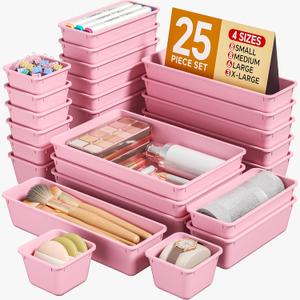 25 PCS Plastic Drawer Organizers Set, 4 Sizes Vanity Organizer, Makeup and Desk Drawer Organizer Trays, Organization and Storage for Makeup, Bathroom, Kitchen Utensils and Office (Pink)