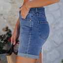luvamia Jean Shorts for Women High Waisted Trendy Mid Thigh Long Cuffed Hem Stretchy Denim Shorts Casual Summer Jorts (Blue, L)