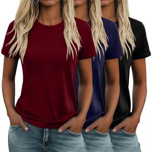 Huukeay 3 Pack Women's Cotton T Shirts Casual Short Sleeve Tunic Tops Crewneck Summer Plain Basic Loose Fit Tee(Black, Navy Blue, Wine Red, Large)