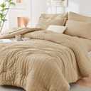 Queen Comforter Set - 7PCS Bed in a Bag, Seersucker Bedding Set, Khaki