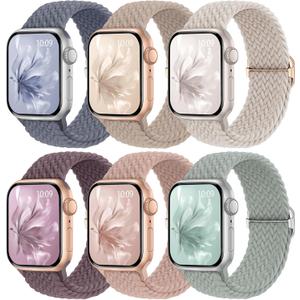 6 Pack Braided Stretchy Bands Compatible with Apple Watch Band 38mm 40mm 41mm 42mm 44mm 45mm 46mm 49mm Women Men, Adjustable Nylon Solo Loop Elastic Straps for iWatch Series 11 10 9 8 7 6 5 4 SE Ultra