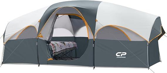 CAMPROS CP Tent 8 Person Camping Tents, Weather Resistant Family Tent, 5 Large Mesh Windows, Double Layer, Divided Curtain for Separated Room, Portable with Carry Bag, 168"L x 108"W x 72"H