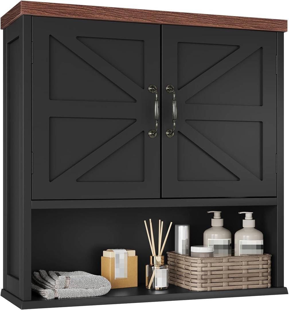 Bathroom Wall Cabinet with Barn Doors, Wall Mounted Bathroom Storage Cabinet, Farmhouse Style, Adjustable Shelf, Wall Mounted Medicine Cabinets, 23.6 x 7.9 x 23.9 Inches (Black)