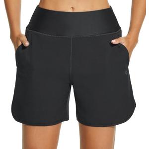 HODOSPORTS Women's 5'' High Waisted Swim Board Shorts with Pockets Liner Quick Dry Swimsuit Bottoms Trunks (XX-Large, Black)