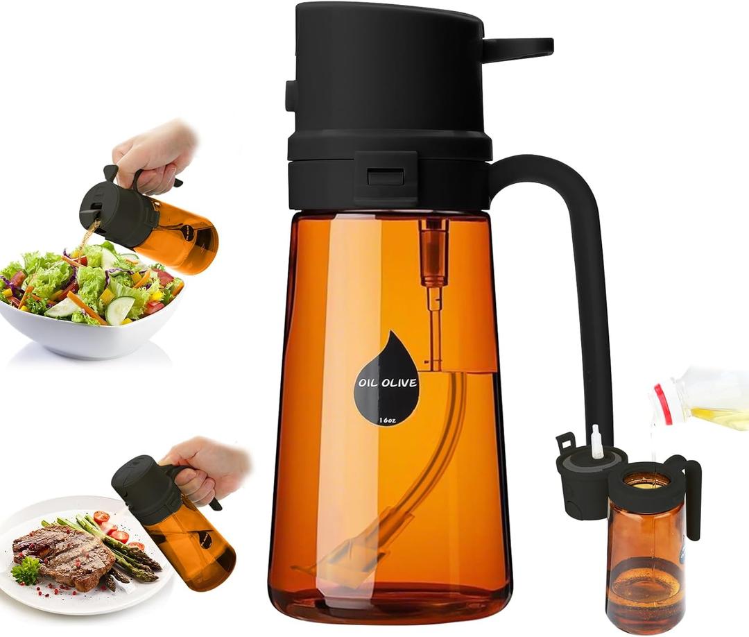 2 in 1 Olive Oil Sprayer for Cooking, Light-Blocking Olive Oil Dispenser Bottle for KitchenSpray and Pour, 16oz/470ml Dark Amber Glass Bottle, Upgraded ABS Black Cap Oil Mister for Air Fryer