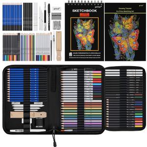Prina 76 Pack Drawing Set Sketching Kit, Pro Art Supplies with 3-Color Sketchbook, Includes Tutorial, Colored, Graphite, Charcoal, Watercolor & Metallic Pencil, for Artists, Adults, Teens, Beginner