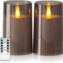 Amagic 3"5" Gray Flameless Candles with Remote and Timer, Realistic Flickering Battery Operated Acrylic Led Fake Candles for Home Wedding Party Fall Christmas Decor, Set of 2