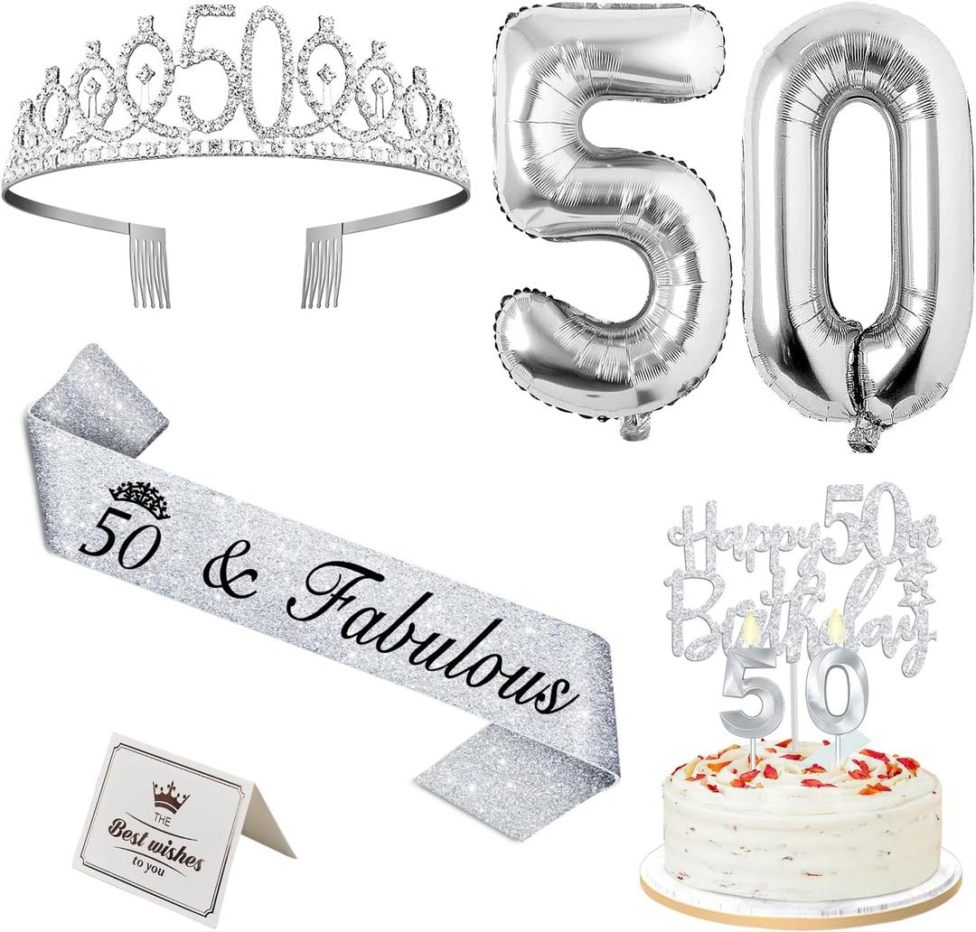 50th Birthday Decorations for Women Silver with 50th Birthday Sash and Crown, Cake Topper and Candles, Silver Number Balloons, 50 Year Old Gifts for Women
