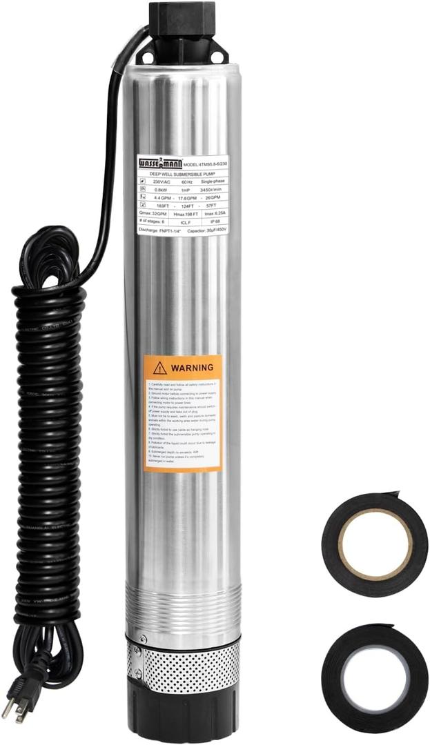 WASSERMANN 4" Septic Pump Submersible Effluent/Cistern Bottom Suction Pump with 33FT Cable,1HP,230V/60HZ,32GPM,207FT Head,Stainless Steel Deep Well Pumps for Septic Tank Home