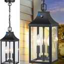 15'' Large Outdoor Pendant Light Fixtures 3-Light, Dusk to Dawn Exterior Hanging Lantern Porch Light Adjustable, Black Hanging Lamp Farmhouse Exterior Chandelier Ceiling Mount for Patio, 1Pack