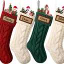 CARAKNOTS Personalized Christmas Stockings 4 Pack Knit Christmas Stockings with Names Tag Patches Vintage Rustic Farmhouse Boho 18" Large Red Green White Knitted Xmas Stocking for Family Kids