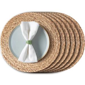 Aofmee 13.8 inch Round Woven Placemats Set of 6, Boho Rattan Place Mats, Natural Water Hyacinth Table Placemats, Farmhouse Weave Table Mats, Rustic Braided Wicker Charger Plates for Dining Table Decor