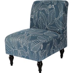 Iauddy Armless Accent Slipper Chair Cover Slipcover,Stretch Spandex Removable Leaves Printed Non-Slip Silp Cover for Accent Chair Without Arms Furniture Protector for Living Dining Room(Blue, 1)