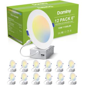 DAMINY 12 Pack 6 Inch LED Recessed Lighting with Junction Box,5CCT,Ultra-Thin Recessed Light,10W 1100LM, Dimmable Canless Wafer Ceiling Light, High Brightness