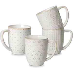 MALACASA LYDIA Coffee Mugs Set of 4, 16 Oz Ceramic White Cups with Handles, Embossed Cups for Latte Cappuccino Mocha, Dishwasher Microwave Safe, Gift Set for Coffee Lovers