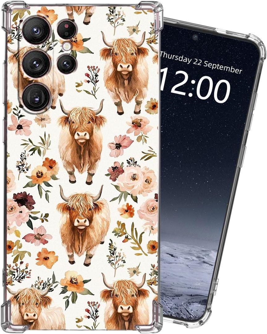 for Samsung Galaxy S24 Ultra Clear Case with [Highland Cow Flower], Non-Yellowing Crystal Clear Soft TPU Shockproof Slim Cover, 15FT Military Grade Drop Protection