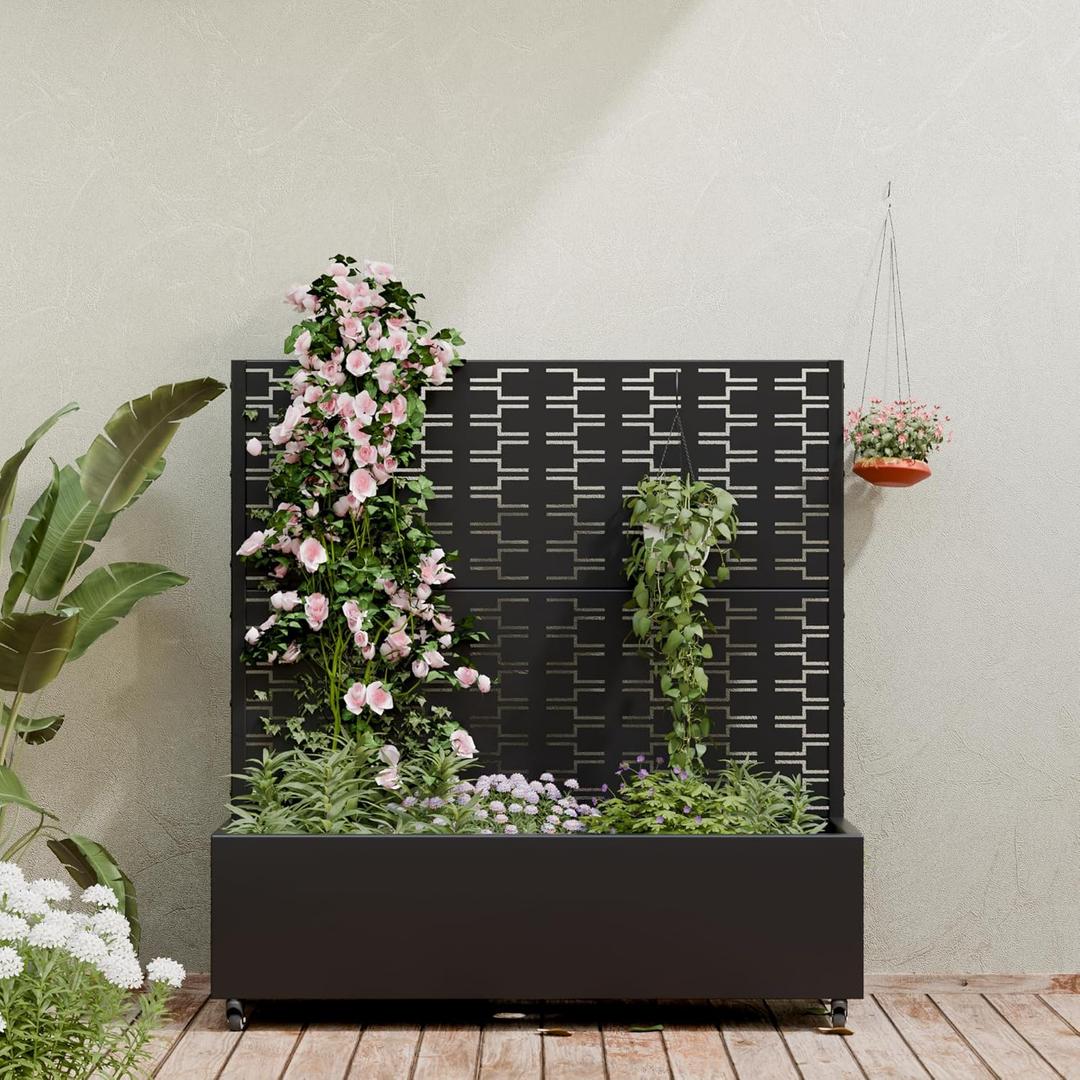 Casaphoria Metal Raised Garden Bed with Trellis and Wheels, 47"x47"x16" Planter Box for Climbing Plants, Vegetables & Vines, Features Drainage Holes and Privacy Screen (Black-Brick)