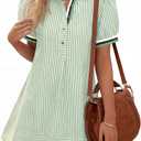 Wenrine Womens Summer Striped Mini Dresses Puff Short Sleeve Loose Fit Casual Button Collared Shirt Dress with Pockets, Light Green, Large