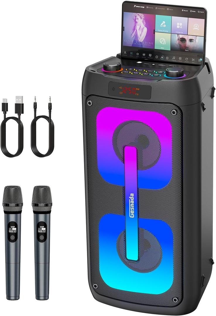 Karaoke Machine for Adults, Portable Bluetooth Speaker with 2 Wireless Microphones, Portable PA System with Disco Lights for Big Party, Outdoor, Ideal Gifts for Family, Music Lover