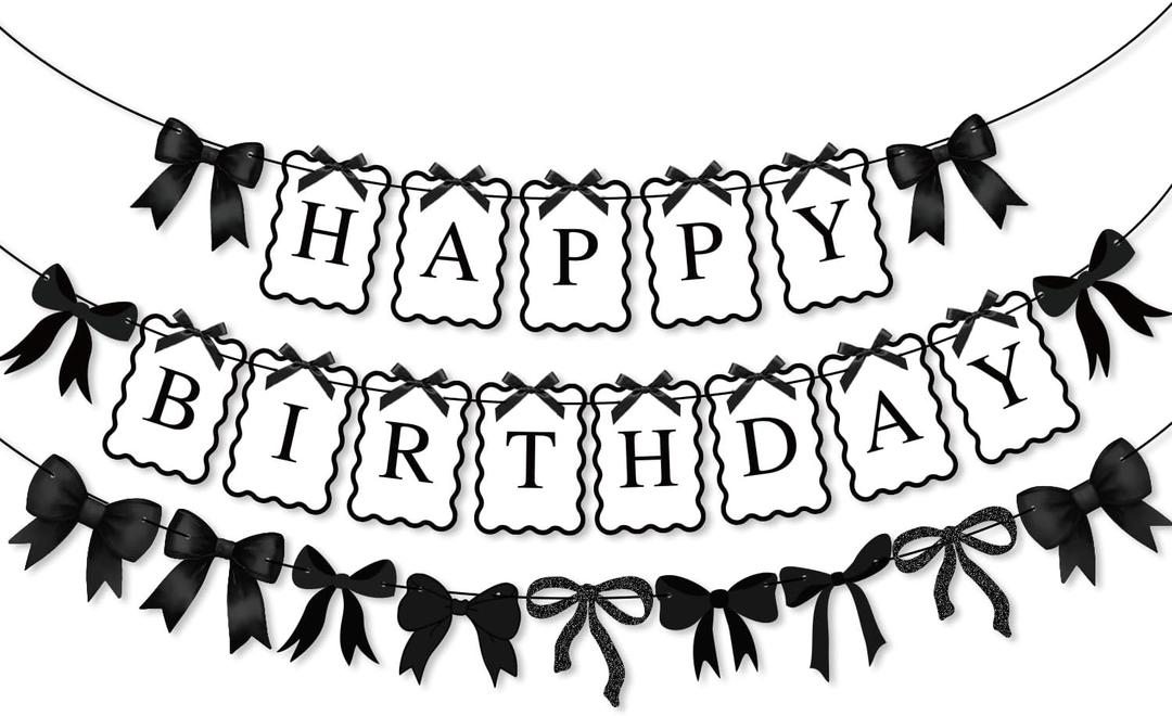 Black Bow Happy Birthday Banner Garland with Mini Ribbon Bows for Women Girls Black Bow Birthday Party Decorations, Baby Shower, Bows Party Decor Supplies