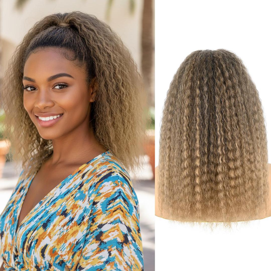 Drawstring Ponytail for Women 16inch Wavy Kinky Straight Ponytail Extension Synthetic Fake Hair Wave Yaki Straight Pony Tail Hairpiece for Daily Use(1BT27, Mix Black and Golden)