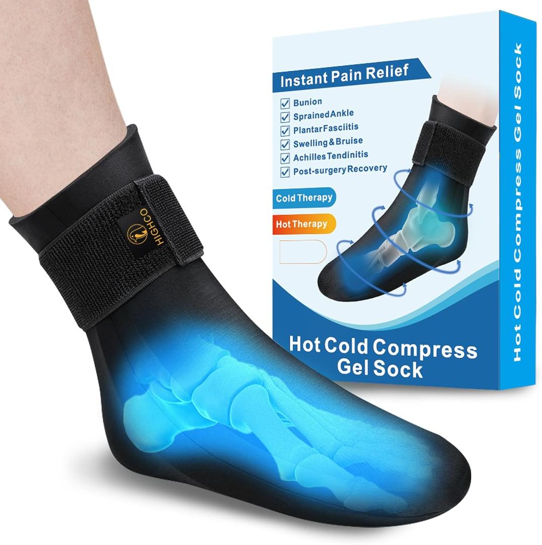 highco Ankle Ice Pack Wrap for Swelling and Injuries Recovery, Reusable Gel Ice Pack for Foot and Ankle, Ice Cold Compression Sock for Foot Heel Wrap, Tendonitis, Plantar Fasciitis, Swelling, Sprained, Black, Adult