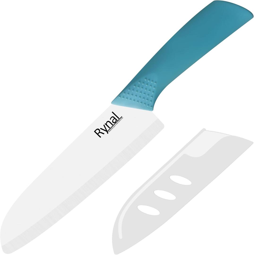 Upgrade Version 7-inch Ceramic Santoku Knife with Sheath - Light, Precise, Sharp, Nonstick Ceramic Knife - Rustproof Dishwasher Safe Chef's Kitchen Knife (Blue)