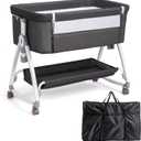 JOYMOR 3 in 1 Baby Bassinet, Bedside Bassinet for Baby, with Comfy Mattress and Wheels, 6 Height Adjustable Easy Folding Portable Bedside Crib for Newborn (Black)