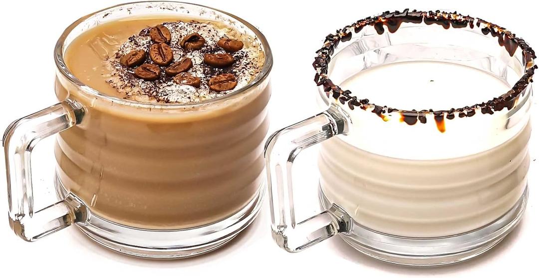 Stackable Coffee Cup Set, Fully Tempered Coffee Mug With Handle, Tea Cup Set, Cappuccino Cup, Ribbed Glassware, Vintage Glass Coffee Mugs, Turkish Coffee Cup Set (250cc/8.5oz) 2PACK