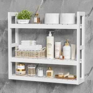 Domax Bathroom Shelves Over Toilet Storage - 3 Tier Wall Mounted Bamboo Bathroom Shelf Organizer Multifunctional Adjustable Layer Free Standing Utility Shelves for Bathroom Living Room Kitchen, White, 23.6''L x 5.9''W x 21.3''H