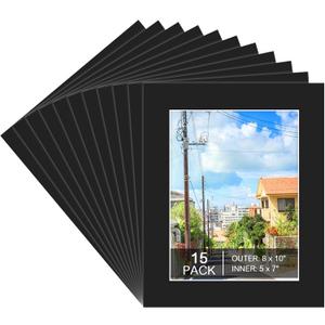 Prudiut 15 Pack 8x10 Black Picture Mats, Frame Mattes for 5x7 Pictures Photo Frame Mat Core Bevel Cut Mat Board Show Kit for Photos, Prints, Artworks