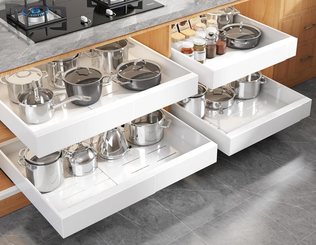 4 Pack Expandable Pull Out Cabinet Organizer 21"Deep With Raising Pad for Framed Cabinets,Upgrade 3 Slide Rails Slide Out Drawers,No Drill Roll Out Shelves,Adjustable Width 15.1"-26.3" White