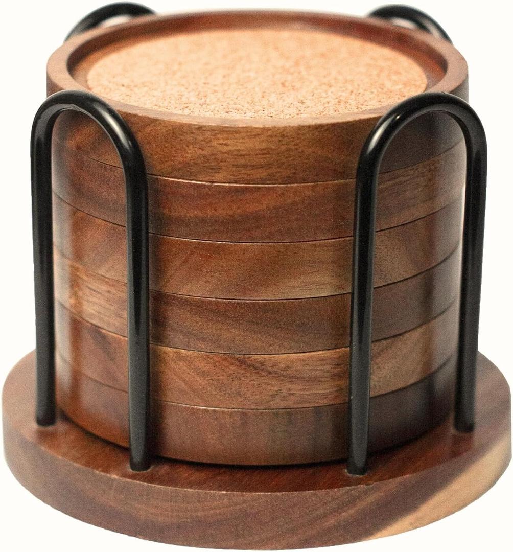 Wood Coasters for Drinks with Metal Holder, Wooden Coaster with Cork for Tabletop Protection, Drink Coasters for Coffee Table, 4.13 Inch, Set of 6 (Modern Coasters with Metal Holder)