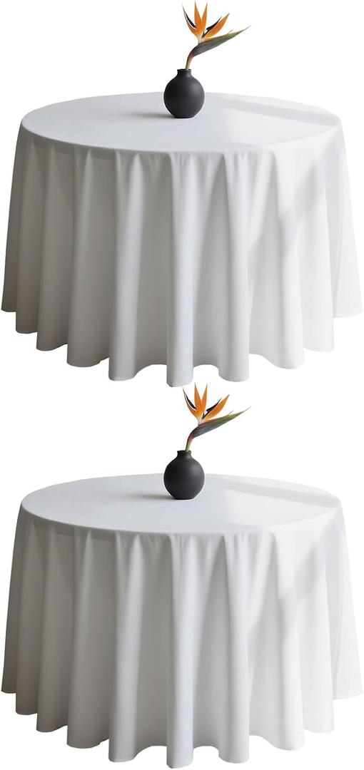 WIGENIUS 2 Pack White Table Cloth Round Tablecloths 90 Inch,Polyester Table Cloth for 5 Foot Round Tables,Wrinkle Resistant Washable Fabric Table Covers for Party,Wedding Banquet, White