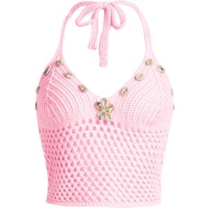 Verdusa Women's Hollow Out Shell Appliques Cami Tie Back Knit Crop Halter Top Pink Large
