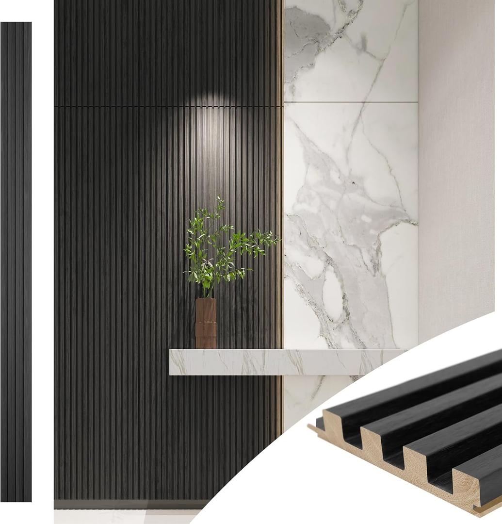 Art3d Slat Wood Wall Paneling for Interior and Ceiling Decoration - Pack of 4pcs + 1pc End-Trim, Size 108 x 5.7in.- Black